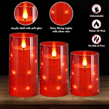 NURADA Flickering Flameless Candles: Built-in Star String Lights Battery Operated LED Pillar Candles...