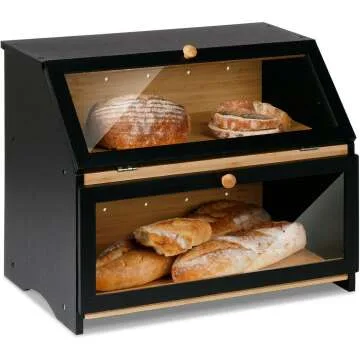 Large Capacity Black Bread Box for Kitchen Storage
