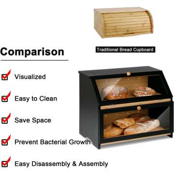 Large Capacity Black Bread Box for Kitchen Storage