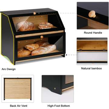 Large Capacity Black Bread Box for Kitchen Storage