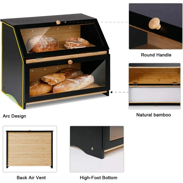 Large Capacity Black Bread Box for Kitchen Storage