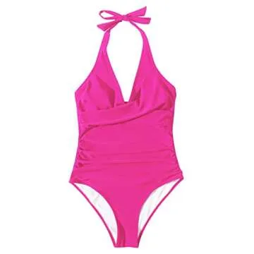 SUUKSESS Women Sexy Tummy Control One Piece Swimsuits Halter Push Up Monokini Bathing Suits (Hot Pink, L)