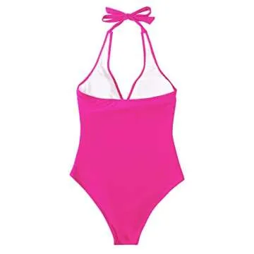 SUUKSESS Women Sexy Tummy Control One Piece Swimsuits Halter Push Up Monokini Bathing Suits (Hot Pink, L)