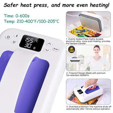 Heat Press - 7" x 5" Heat Press Machine for T Shirts and HTV Vinyl Projects Portable Easy Iron Press Fast Even Heat Small Heat Transfer Machine for Beginners DIY Lover with Transfer Paper (Blue)