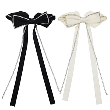 2 PACK Hair Bows Sparkly Rhinestone Tassel Hair Clips Barrettes Bowknot with Long Brocade Tassel Rib...