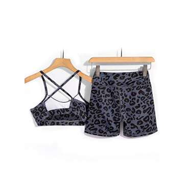 Happy Sailed Women Yoga Outfits 2 Piece Set Workout Athletic Leopard Print Shorts Leggings and Sports Bra Set Gym Clothes Medium Blue