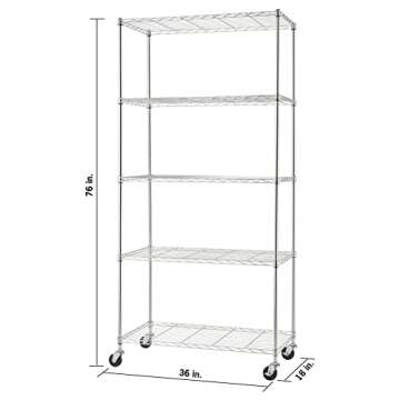 TRINITY Basics EcoStorage TBFZ-0933 5 Tier 36 x 18 x 76 Inch Adjustable Wire Shelving with Wheels for Home, Kitchen, Garage, or Business Use, Chrome