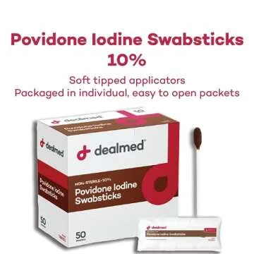 Dealmed Povidone Iodine 10% Swabsticks - Individually Sealed Packets Perfect for Wound Care and Port...