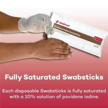Dealmed Povidone Iodine 10% Swabsticks - Individually Sealed Packets Perfect for Wound Care and Portable First Aid Kits, 50/Box (Pack of 1)