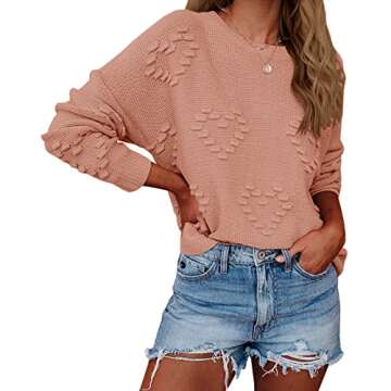 Tutorutor Womens Cute Heart Love Print Sweater Oversized Crew Neck Dot Ball Loose Knitted Spring Jum...