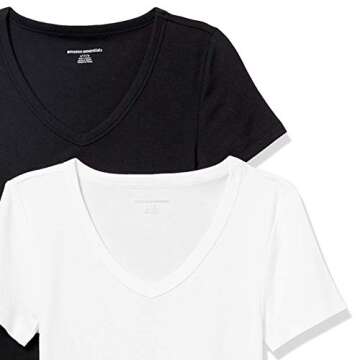 Amazon Essentials Women's Slim-Fit Short-Sleeve V-Neck T-Shirt, Pack of 2, Black/White, Small