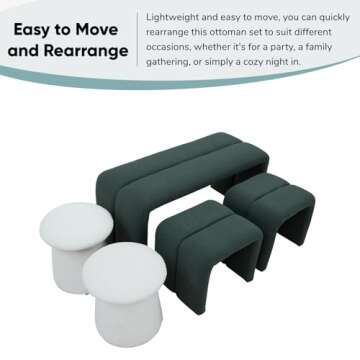 JOYBASE 5-Piece Ottoman Bench Footrest Set Modern Upholstered Ottoman Bench for Living Room, Bedroom (Deep Green and White)