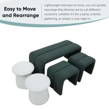 JOYBASE 5-Piece Ottoman Bench Footrest Set Modern Upholstered Ottoman Bench for Living Room, Bedroom (Deep Green and White)