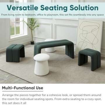 JOYBASE 5-Piece Ottoman Bench Footrest Set Modern Upholstered Ottoman Bench for Living Room, Bedroom (Deep Green and White)