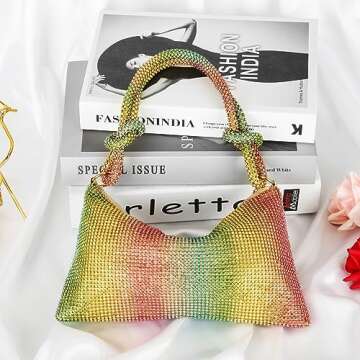 Covelin Womens Fashion Shiny Diamond Handbag Tote Shoulder Evening Bag Rainbow