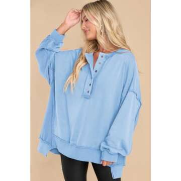 AlvaQ Oversized Sweatshirts For Womens Fall Winter Cute Solid Color Patchwork Pullover Tops Button C...