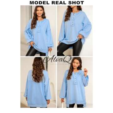 AlvaQ Oversized Sweatshirts For Womens Fall Winter Cute Solid Color Patchwork Pullover Tops Button Collar Henley Sweatshirts Outfits Fashion 2024 Sky Blue Medium
