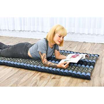 Leewadee - Foldable Floor Mattress - Japanese Roll Up Futon -Trifold Tatami Mat- Guest Floor Bed - Camping Mattress - Thai Massage Mat, Kapok Filled, 75 x 28 inches, Blue