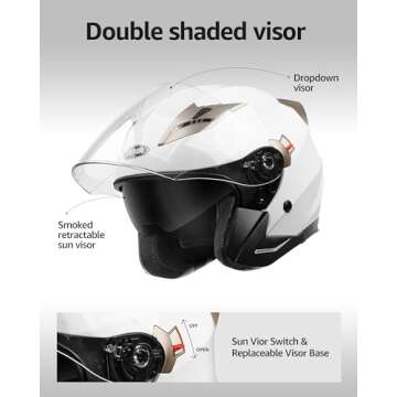 Motorcycle Open Face Helmet DOT Approved - YEMA Helmet YM-627 Motorbike Moped Jet Bobber Pilot Crash...