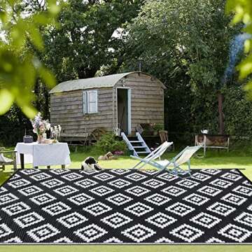 Pauwer Waterproof Outdoor Rug 5x7, Reversible Plastic Straw Patio Camping Rug, Indoor Outdoor RV Mat Carpet for Deck, Camper, Porch, Balcony, Backyard, Picnic, Geo Black