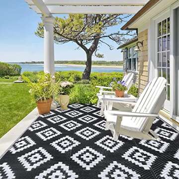 Pauwer Waterproof Outdoor Rug 5x7, Reversible Plastic Straw Patio Camping Rug, Indoor Outdoor RV Mat Carpet for Deck, Camper, Porch, Balcony, Backyard, Picnic, Geo Black