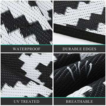 Pauwer Waterproof Outdoor Rug 5x7, Reversible Plastic Straw Patio Camping Rug, Indoor Outdoor RV Mat Carpet for Deck, Camper, Porch, Balcony, Backyard, Picnic, Geo Black