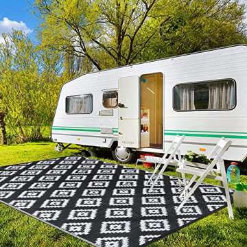 Pauwer Waterproof Outdoor Rug 5x7, Reversible Plastic Straw Patio Camping Rug, Indoor Outdoor RV Mat Carpet for Deck, Camper, Porch, Balcony, Backyard, Picnic, Geo Black