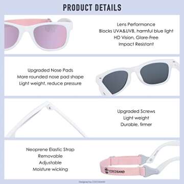 COCOSAND Flexible Polarized Baby Sunglasses with Strap UV Protection for Toddler Infant Newborn Girl Boy Age 0-24 Months, Bright White with Rose Lens