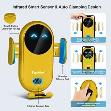 Phone Mount for Car, Wireless Car Charger Cute Car Phone Holder Mount with 10W Charging Smart Sensor Auto-Clamping Phone Holder for Car Air Vent for iPhone Samsung etc Most Mobile Phone,Yellow