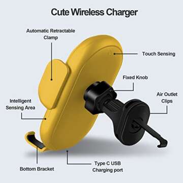 Phone Mount for Car, Wireless Car Charger Cute Car Phone Holder Mount with 10W Charging Smart Sensor Auto-Clamping Phone Holder for Car Air Vent for iPhone Samsung etc Most Mobile Phone,Yellow