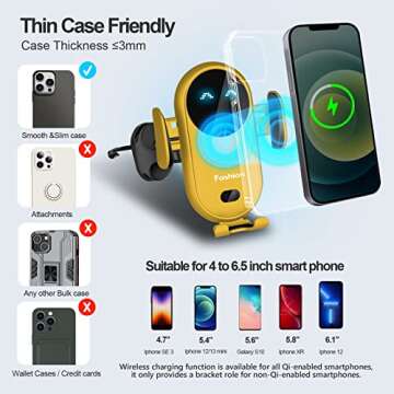 Phone Mount for Car, Wireless Car Charger Cute Car Phone Holder Mount with 10W Charging Smart Sensor Auto-Clamping Phone Holder for Car Air Vent for iPhone Samsung etc Most Mobile Phone,Yellow