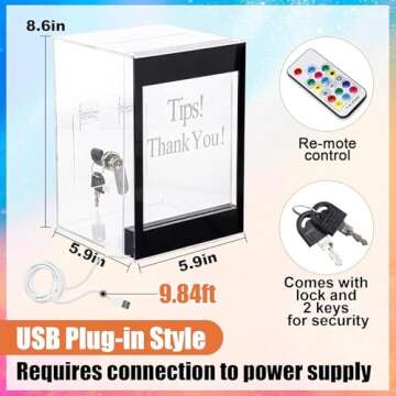 Light Up Acrylic Donation Ballot Box - 20 Colors Changing Tip Jar for Money with Re-mote, Lock, Key ...