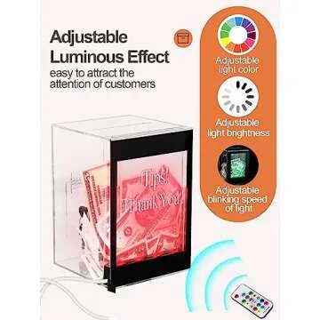 Light Up Acrylic Donation Ballot Box - 20 Colors Changing Tip Jar for Money with Re-mote, Lock, Key and Sign Holder- Raffle Suggestion Comment Vote Ticket Tip Box for Bartender Restaurant Band (USB)