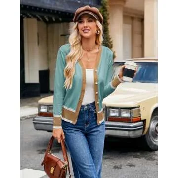 Elegant Sweater Knitwear for Ladies Long Sleeve Cardigan for Office Work(M,Contrast-Blue)