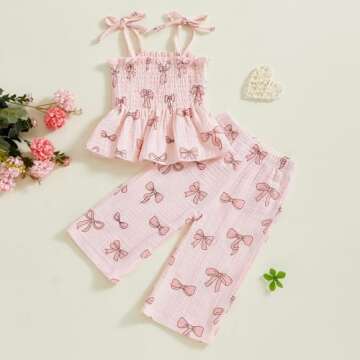VISGOGO Valentines Day Baby Girl Outfits Sleeveless Smocked Strap Camisole Linen Pants Heart/Bow Bab...