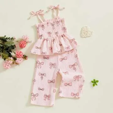 VISGOGO Valentines Day Baby Girl Outfits Sleeveless Smocked Strap Camisole Linen Pants Heart/Bow Baby Summe Clothes (Pink-Bow, 2-3T)