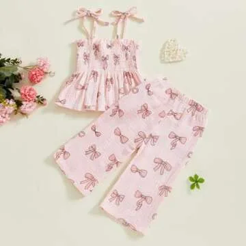 VISGOGO Valentines Day Baby Girl Outfits Sleeveless Smocked Strap Camisole Linen Pants Heart/Bow Baby Summe Clothes (Pink-Bow, 2-3T)