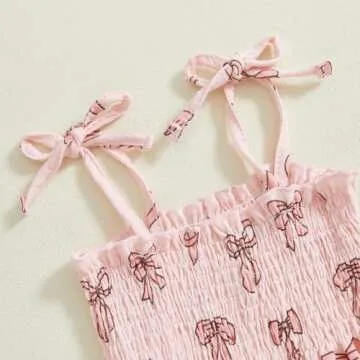 VISGOGO Valentines Day Baby Girl Outfits Sleeveless Smocked Strap Camisole Linen Pants Heart/Bow Baby Summe Clothes (Pink-Bow, 2-3T)