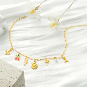 Charm Necklace for Women, 14K Gold Plated Paperclip Link with Dainty Ocean Elements. Shell Pearl Mer...