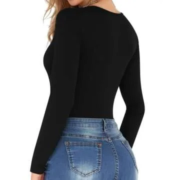 MANGOPOP Women's Fleece Lined Long Sleeve Bodysuit Square Neck Body Suit Shirt Thermal Tops (Black, Small)