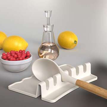 Silicone Cooking Utensils - Kitchen Utensil Set with Holder,Slotted/Solid Spoon,Turner,Spatula,Pasta server,Deep Soup Ladle,Wooden Handles Kitchen Gadgets Tools Set,Non-Stick Cookware Friendly (Khaki)