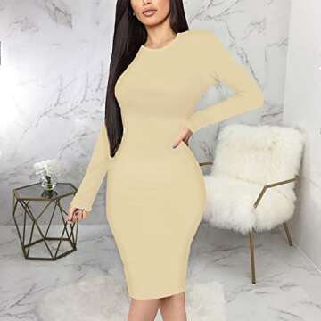 Bodycon Long Sleeve Dress for Women Sexy Beige Midi Round Neck Party Casual Fitted Pencil Basic Dres...
