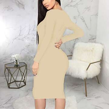 Bodycon Long Sleeve Dress for Women Sexy Beige Midi Round Neck Party Casual Fitted Pencil Basic Dress（Khaki-XXL）