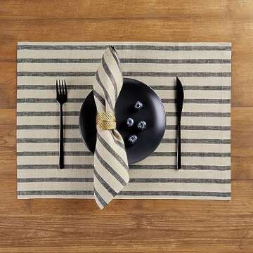 Solino Home Stripe Linen Napkins Set of 4 – 100% Pure Linen Black and Natural Cloth Napkins 20 x 20 Inch – Farmhouse Washable Fabric Dinner Napkins – Madison Stripe