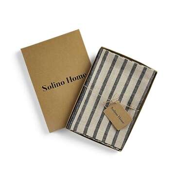 Solino Home Stripe Linen Napkins Set of 4 – 100% Pure Linen Black and Natural Cloth Napkins 20 x 20 Inch – Farmhouse Washable Fabric Dinner Napkins – Madison Stripe