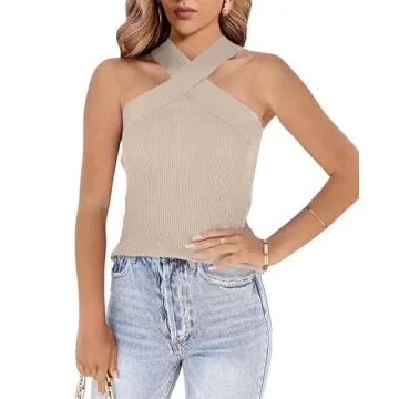 Womens Criss Cross Halter Sweater Vest Tops Summer Sleeveless Pullover Casual Lightweight V Neck Kni...