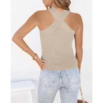 Womens Criss Cross Halter Sweater Vest Tops Summer Sleeveless Pullover Casual Lightweight V Neck Knit Tank Top Khaki