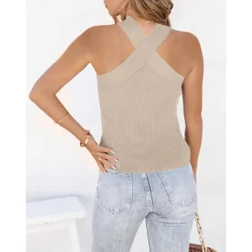 Womens Criss Cross Halter Sweater Vest Tops Summer Sleeveless Pullover Casual Lightweight V Neck Knit Tank Top Khaki