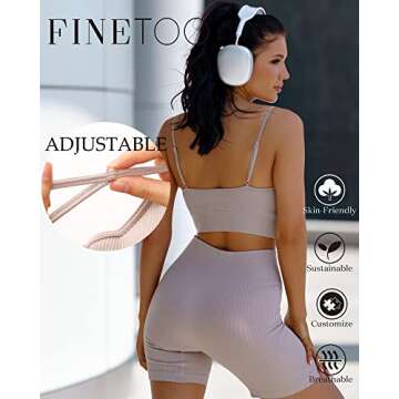 FINETOO Workout Sets for Women 4 Pieces Ribbed Crop Tank Shorts Active Gym Exercise matching athleti...