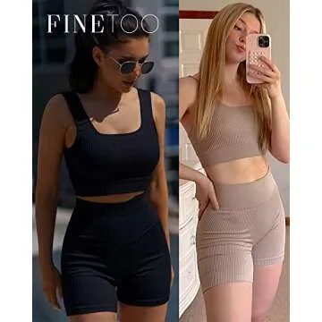 FINETOO Workout Sets for Women 4 Pieces Ribbed Crop Tank Shorts Active Gym Exercise matching athletic sets High Waisted Sports Yoga Outfit S-L (XS)